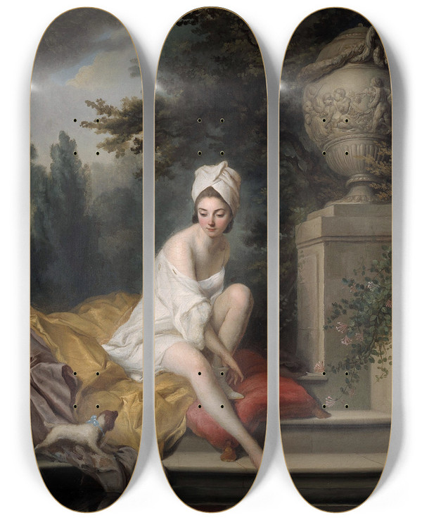 Triptych art skateboard deck of Johann Anton De Peters La Baigneuse by Johann Anton De Peters (1725-1795)