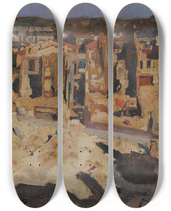 Triptych art skateboard deck of Andr Victor Douard Devambez Ruines De La Rue Mazel by Andr Victor douard Devambez (1867-1943)