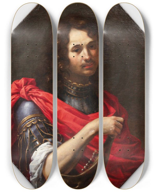 Triptych art skateboard deck of Giovanni Montini Portrait Of A Young Man As Samson by Giovanni Montini
