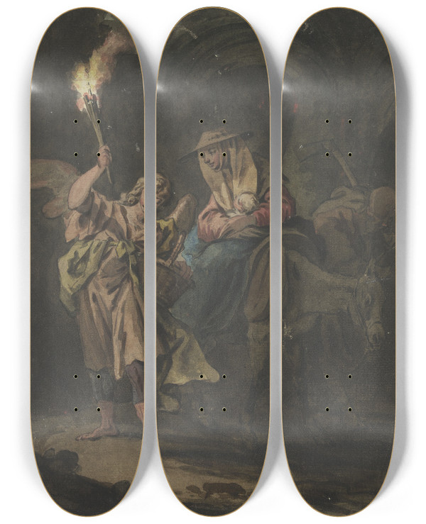 Triptych art skateboard deck of Gottlieb Welt Die Flucht Nach Gypten Mit Einem Engel Als Fackeltrger by Gottlieb Welte (1745-1792)