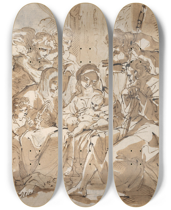 Triptych art skateboard deck of Ubaldo Gandolfi Adoration Of The Shepherds by Ubaldo Gandolfi (1728-1781)