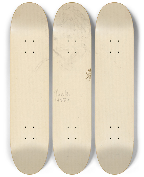 Triptych art skateboard deck of Ludvig Find Portrtskitse by Ludvig Find (1869-1945)