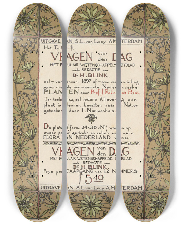 Triptych art skateboard deck of Theo Nieuwenhuis Reclamebiljet Voor Het Tijdschrift H Blink Red Vragen Van Den Dag by Theo Nieuwenhuis (1866-1951)