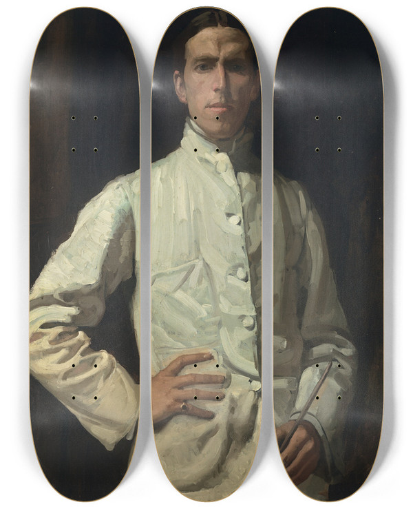 Triptych art skateboard deck of Hugh Ramsay Selfportrait In White Jacket by Hugh Ramsay (1877-1906)