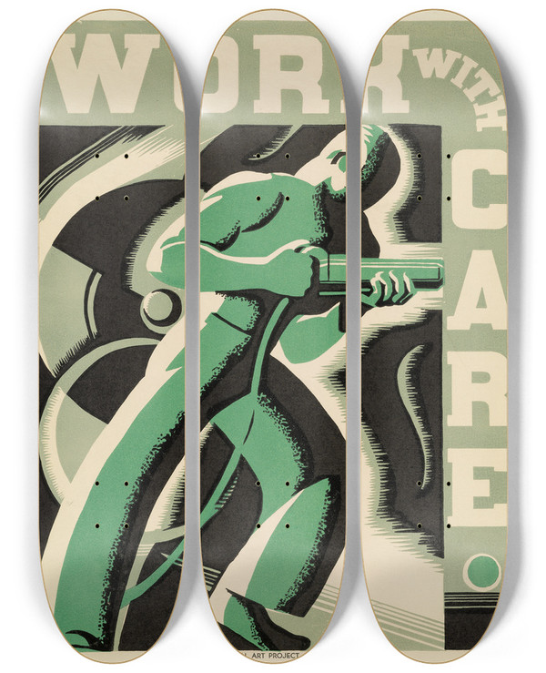 Triptych art skateboard deck of Robert Muchley Work With Care by Robert Muchley (1920)