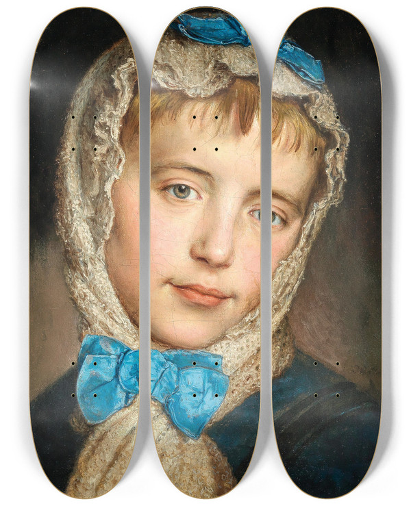 Triptych art skateboard deck of Johann Baptist Reiter A Girl With Lace Headscarf And Blue Bows by Johann Baptist Reiter (1813-1890)