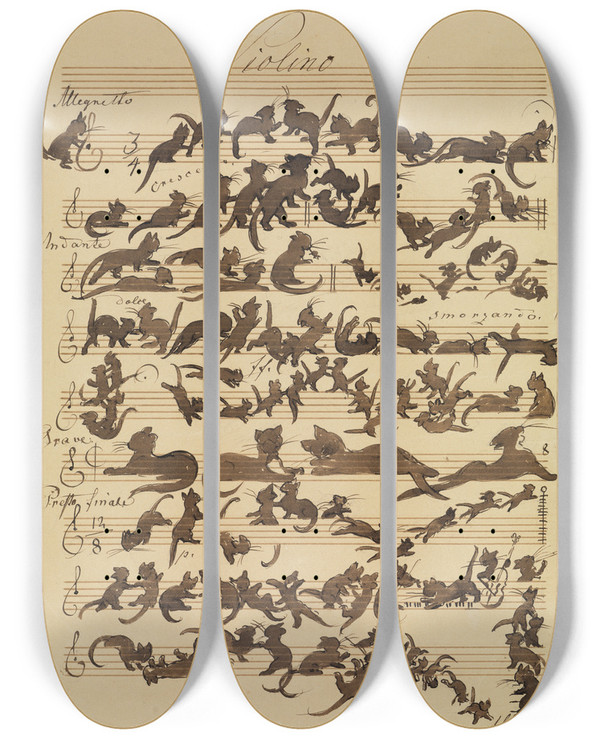 Triptych art skateboard deck of Moritz Von Schwind Die Katzensymphonie by Moritz Von Schwind (1804-1871)