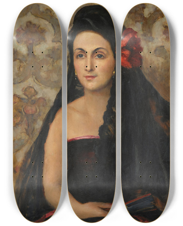 Triptych art skateboard deck of Wojciech Weiss Portrait Of Maria Skrzywan In Spanish Costume by Wojciech Weiss (1875-1950)