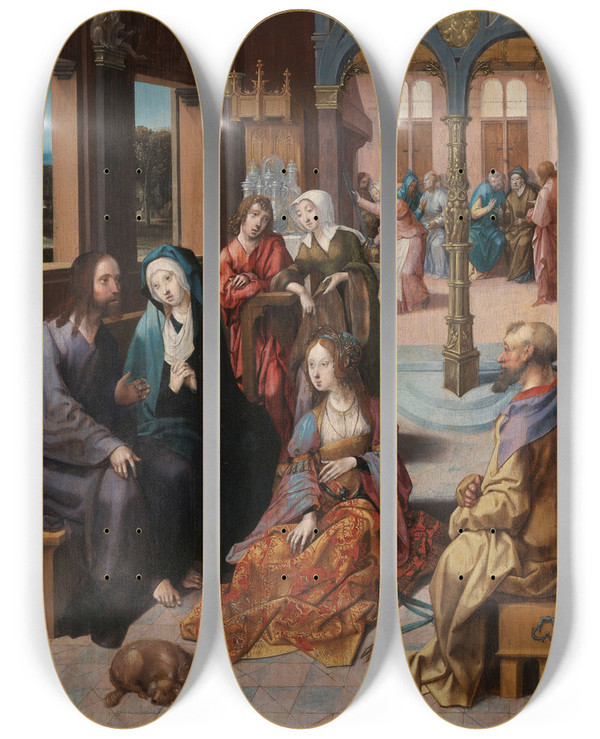 Triptych art skateboard deck of Cornelis Engebrechtsz Christs Second Visit To The House Of Mary And Martha by Cornelis Engebrechtsz (1461-1527)