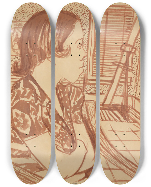 Triptych art skateboard deck of Blanche Grambs Woman Looking Away by Blanche Grambs (1916-2010)