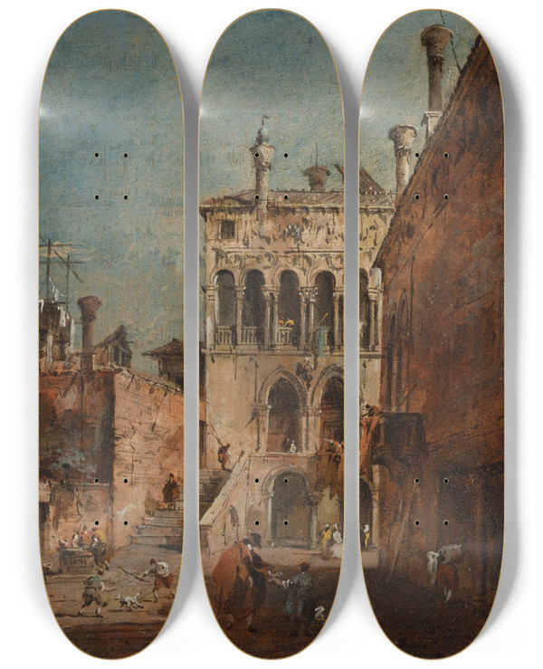 Triptych art skateboard deck of Francesco Guardi An Architectural Capriccio With A Campiello by Francesco Guardi (1712-1793)