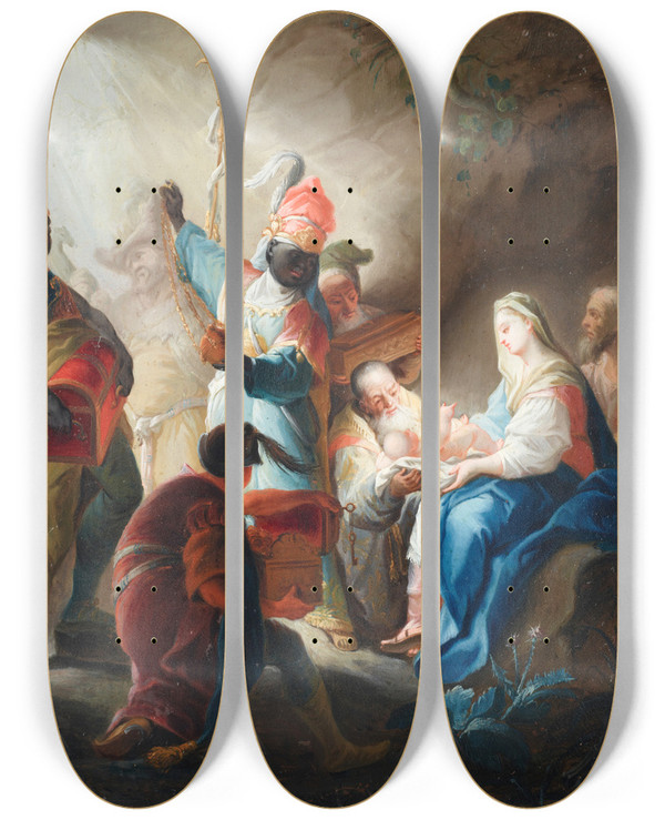 Triptych art skateboard deck of After Johanna Evangelista Holzera The Adoration Of The Magi by After Johanna Evangelista Holzera (1709-1740)