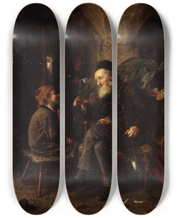 Triptych art skateboard deck of Ludwig Knaus Solomonic Wisdom by Ludwig Knaus (1829-1921)