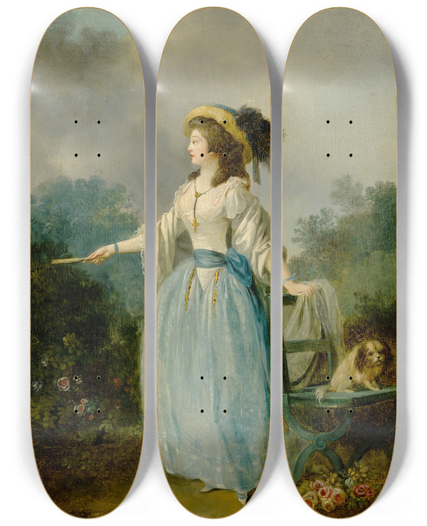 Triptych art skateboard deck of Jeanfrdric Schall A Lady In A Garden With Her Dog by Jean-Frdric Schall (1752-1825)