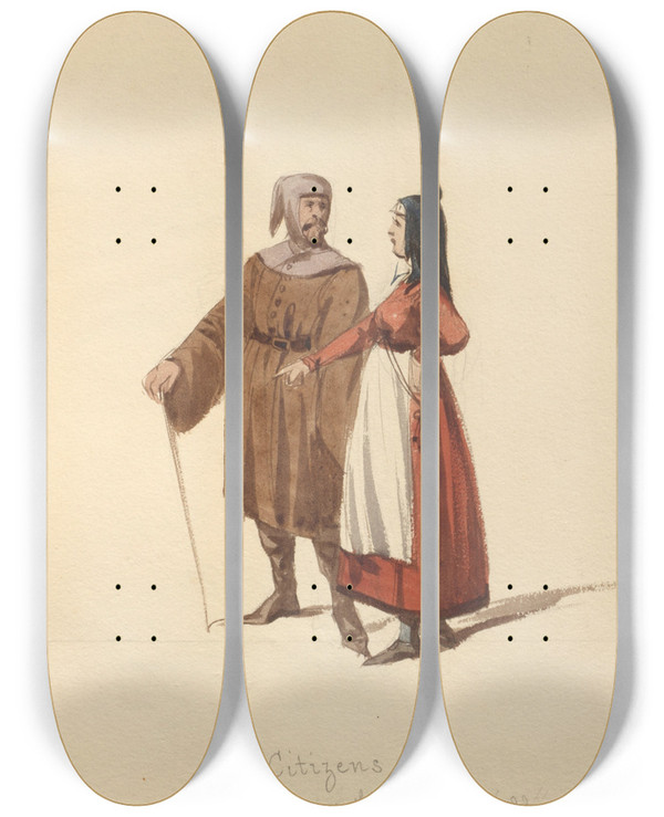 Triptych art skateboard deck of John Richard Coke Smyth Sketches Of Costume Pl100 by John Richard Coke Smyth (1808-1882)