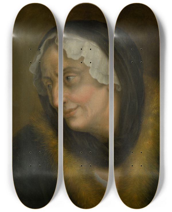 Triptych art skateboard deck of Balthasar Denner Old Womans Head by Balthasar Denner (1685-1749)