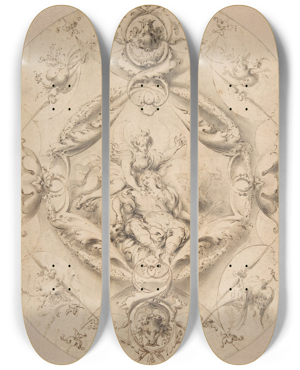 Triptych art skateboard deck of Jacob Denys Ornamental Design With Diana And Endymion In A Central Cartouche by Jacob Denys (1644-1708)