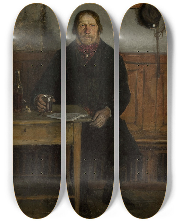 Triptych art skateboard deck of Antoni Piotrowski In A Tavern by Antoni Piotrowski (1853-1924)