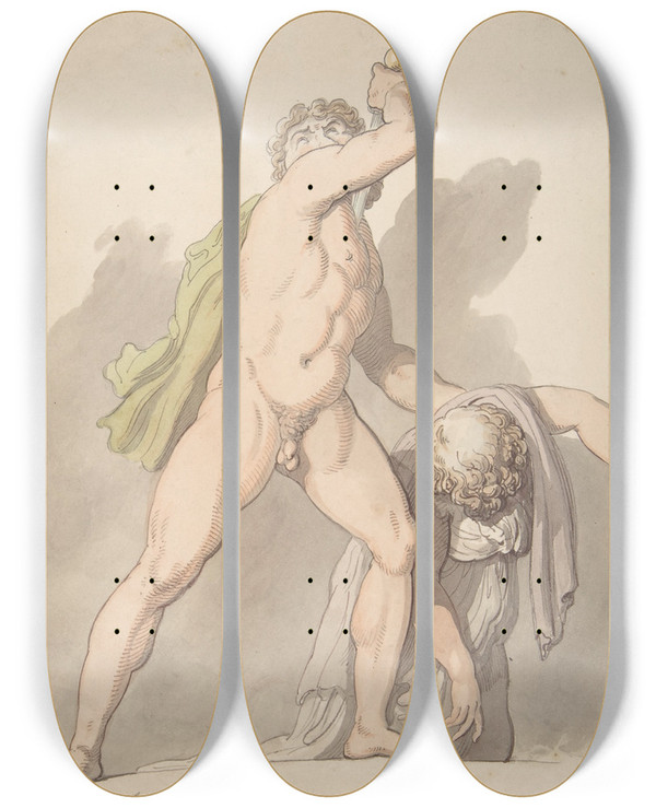 Triptych art skateboard deck of Thomas Rowlandson Standing Nude Man Supporting Fainting Female Ludovisi Gaul In The Uffizi by Thomas Rowlandson (1756-1827)