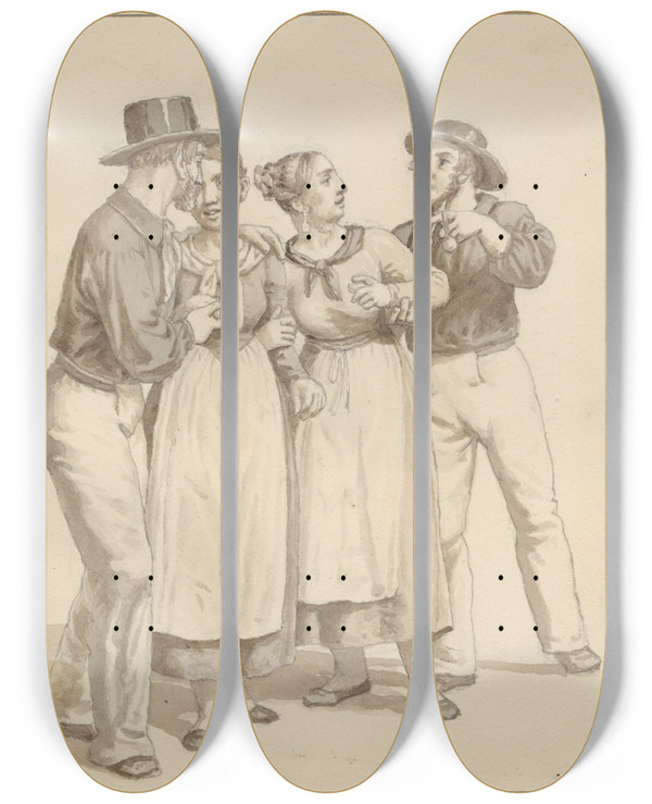 Triptych art skateboard deck of Christoffer Wilhelm Eckersberg To Smnd Gr Kur Til Et Par Piger by Christoffer Wilhelm Eckersberg (1783-1853)