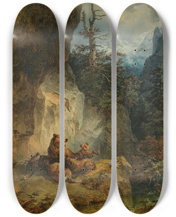 Triptych art skateboard deck of Friedrich August Matthias Gauermann A Mother Bear And Her Cubs With A Stag by Friedrich August Matthias Gauermann (1807-1862)