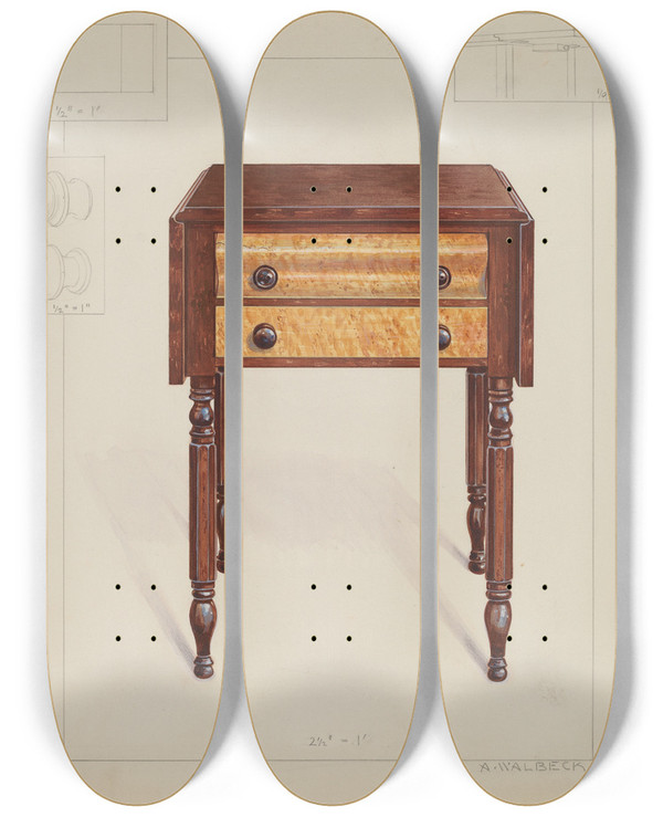 Triptych art skateboard deck of Alfred Walbeck Dropleaf Table by Alfred Walbeck