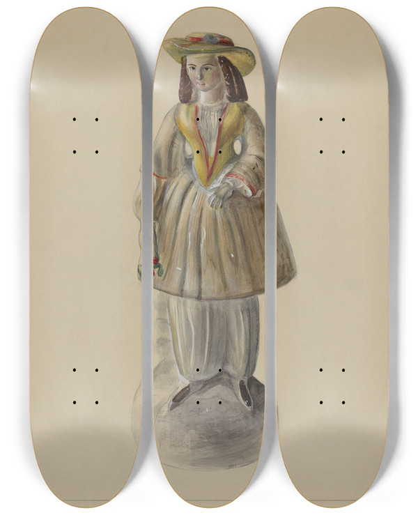 Triptych art skateboard deck of Mina Lowry Pa German Chalkware Bloomer Girl by Mina Lowry (1894-1942)