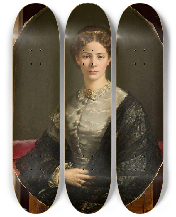 Triptych art skateboard deck of Adalbert Begas Portrait Of A Lady In A Lacy Scarf_1 by Adalbert Begas (1836-1888)