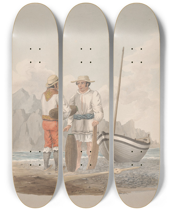 Triptych art skateboard deck of Alfred Diston Boatman And Medianero Of Garachics Tenerife by Alfred Diston (1793-1861)
