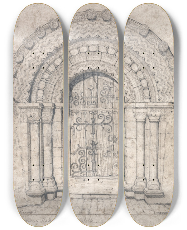 Triptych art skateboard deck of John Sell Cotman North Doorway Of Hales Church Norfolk by John Sell Cotman (1782-1842)