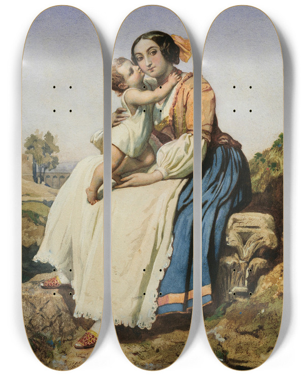 Triptych art skateboard deck of Dominique Louis Papety An Italian Peasant Woman And Child by Dominique Louis Papety (1815-1849)