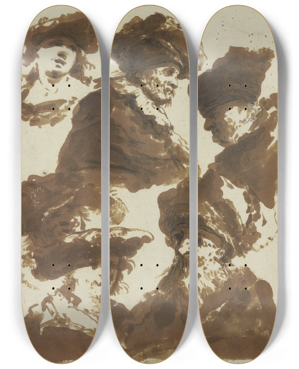Triptych art skateboard deck of Micha Poski Studienblatt Fnf Kpfe by Michal Plonski (1778-1812)