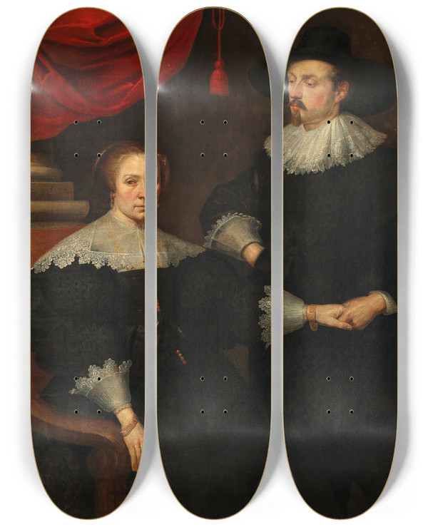 Triptych art skateboard deck of School Of Antwerp Portrait Of A Lady Seated With A Gentleman Holding Her Hand by Antwerp School