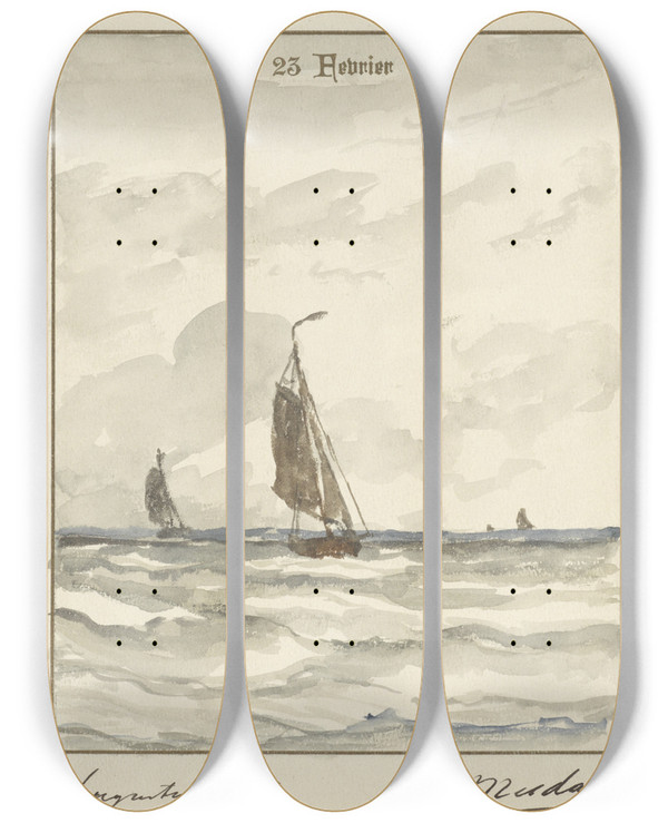 Triptych art skateboard deck of Hendrik Willem Mesdag Zee Met Pinken by Hendrik Willem Mesdag (1831-1915)