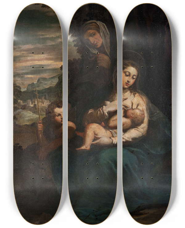 Triptych art skateboard deck of Scarsellino The Virgin And Child With St Elizabeth And The Infant St John by Scarsellino (1550-1620)