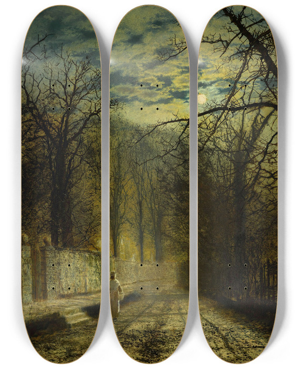 Triptych art skateboard deck of John Atkinson Grimshaw A Moonlit Street_1 by John Atkinson Grimshaw (1836-1893)
