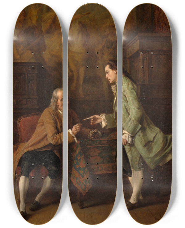 Triptych art skateboard deck of Benjamineugne Fichel The Letter Of Recommendation by Benjamin Eugene Fichel (1826-1895)