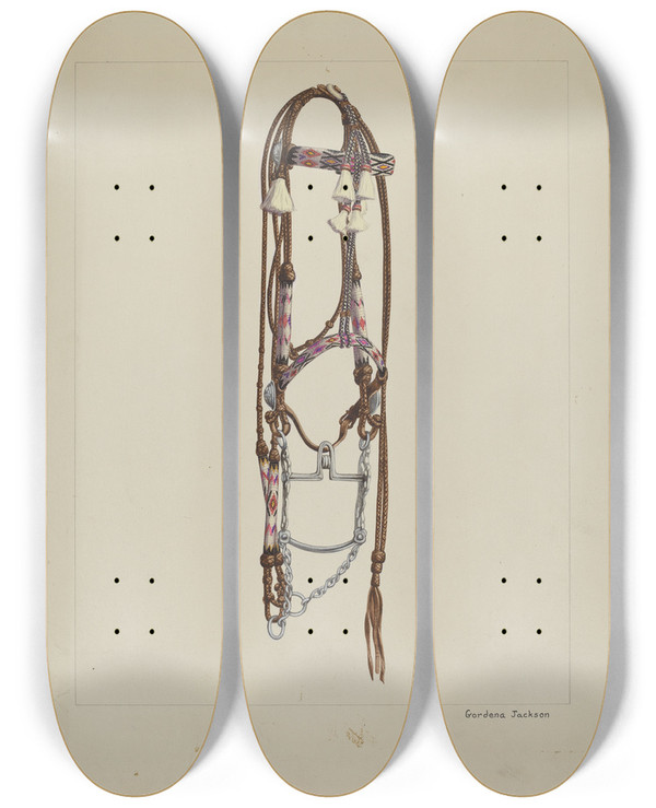 Triptych art skateboard deck of Gordena Jackson Horse Hair Bridle by Gordena Jackson