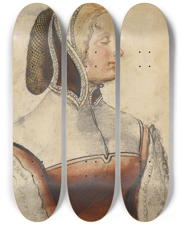Triptych art skateboard deck of Niklaus Manuel Brustbild Einer Jungen Frau Im Profil by Niklaus Manuel (1484-1530)