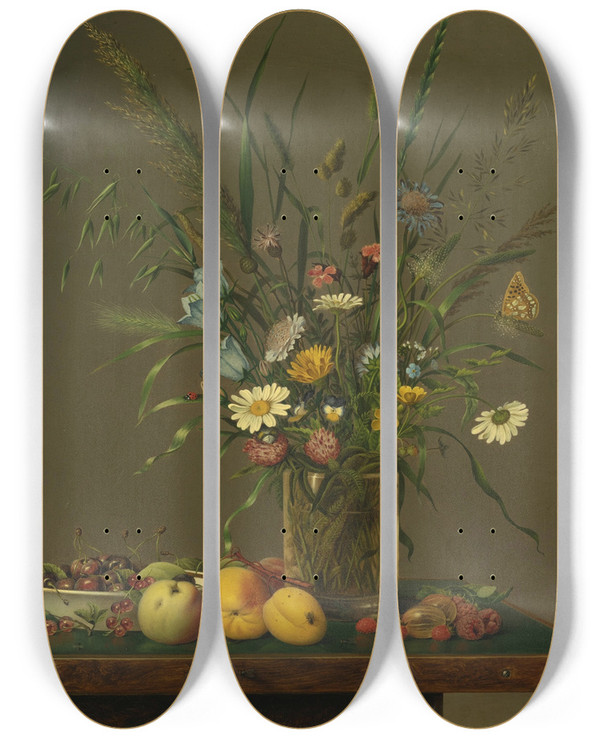 Triptych art skateboard deck of Anton Hartinger Flowers In A Glass Vase And An Arrangement Of Fruit by Anton Hartinger (1806-1890)