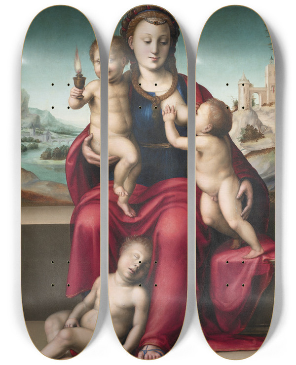Triptych art skateboard deck of Bartolomeo Di Zanobi Di Benedetto Ghetti Caritas Charity by Bartolomeo Di Zanobi Di Benedetto Ghetti (1536)