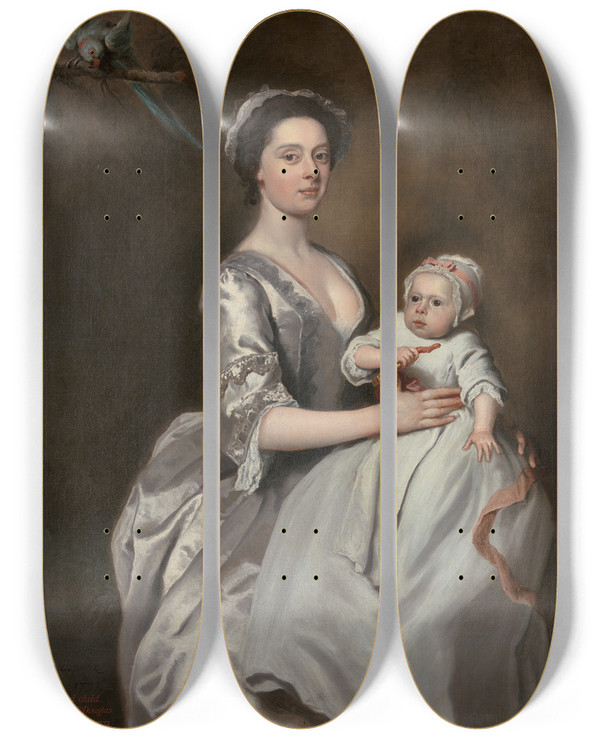 Triptych art skateboard deck of Joseph Highmore Mrs Sharpe And Her Child by Joseph Highmore (1692-1780)