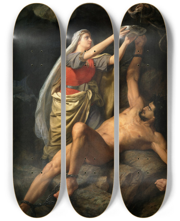 Triptych art skateboard deck of Mrten Eskil Winge Loke And Sigyn by Marten Eskil Winge (1825-1896)