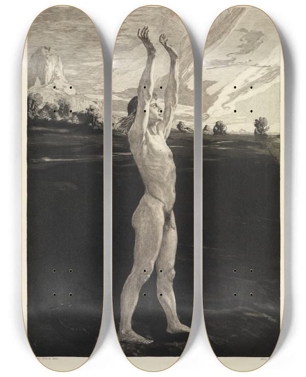 Triptych art skateboard deck of Max Klinger Und Doch Vom Tode Zweiter Theil Opus Xi Blatt 8 by Max Klinger (1857-1920)