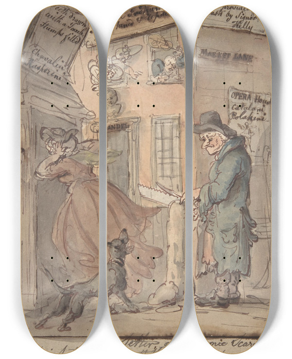 Triptych art skateboard deck of Thomas Rowlandson The Sawsetter by Thomas Rowlandson (1756-1827)
