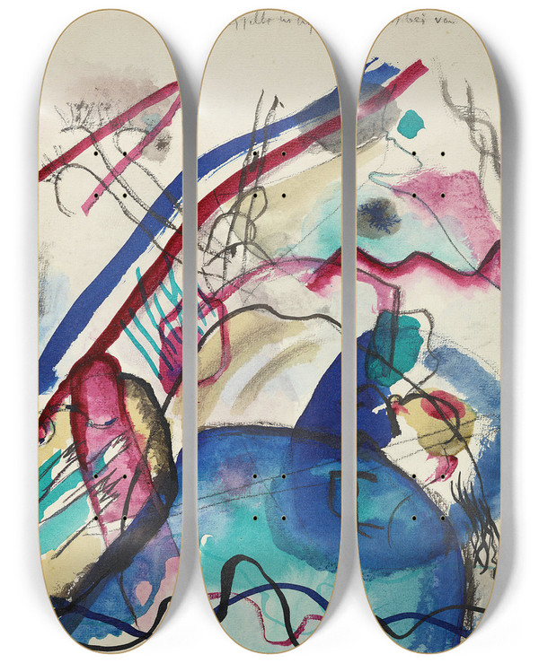 Triptych art skateboard deck of Wassily Kandinsky Draft For Picture With A White Border Iv by Wassily Kandinsky (1866-1944)