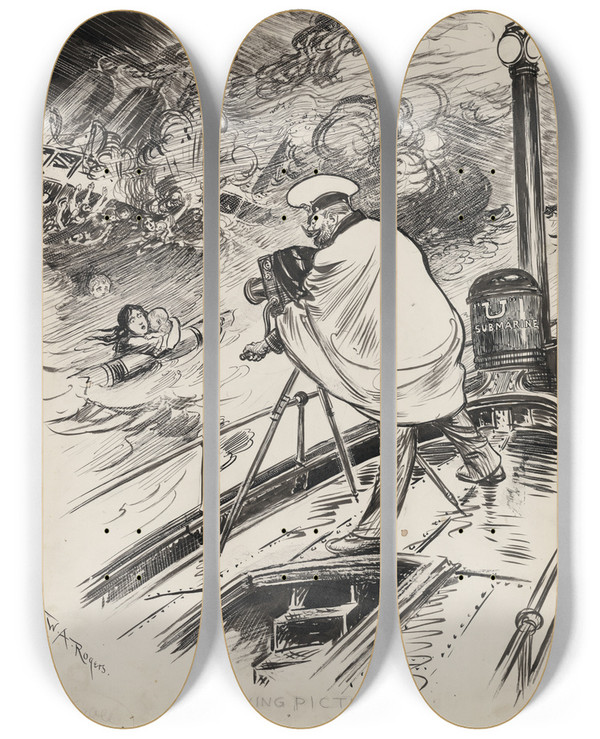 Triptych art skateboard deck of William Allen Rogers A Moving Picture by William Allen Rogers (1854-1931)