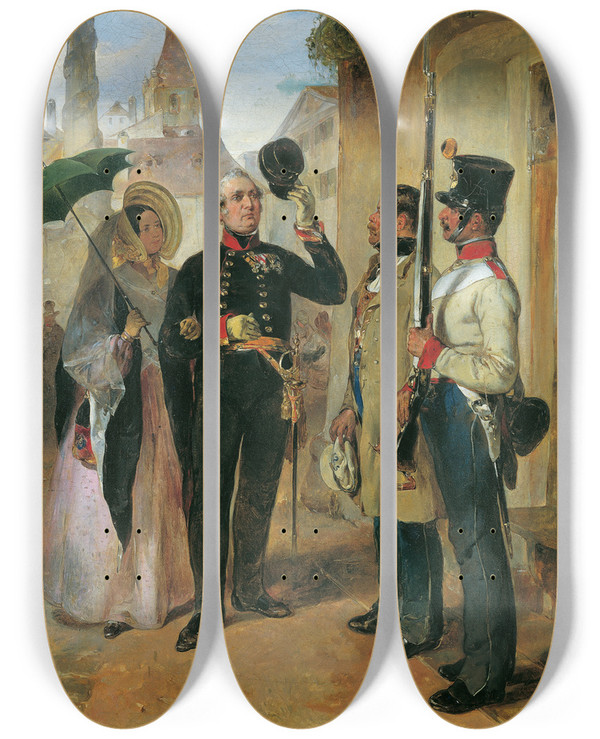 Triptych art skateboard deck of Carl Schindler Der Wachposten by Carl Schindler (1821-1842)