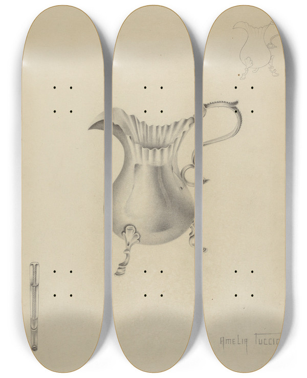 Triptych art skateboard deck of Amelia Tuccio Silver Creamer_2 by Amelia Tuccio (20-)