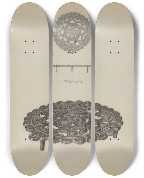Triptych art skateboard deck of Herman Bader Pa German Trivet by Herman Bader